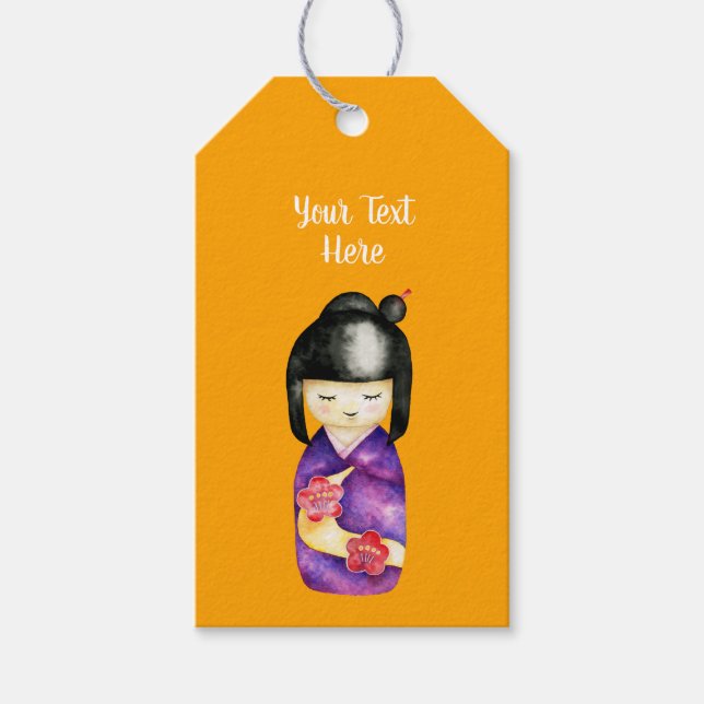 Japansk Kokeshi Doll Watercolor Painting Presentetikett (Framsidan)