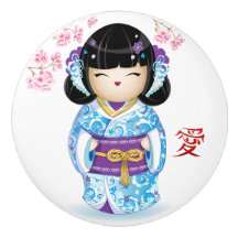 Japansk Kokeshi Kärlek Doll Ceramic Knob