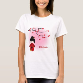 Japansk kokeshidocka på det sakura blommarnamn tee shirt