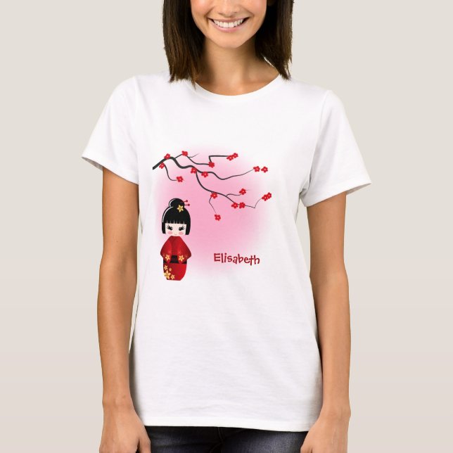 Japansk kokeshidocka på det sakura blommarnamn tee shirt (Framsida)