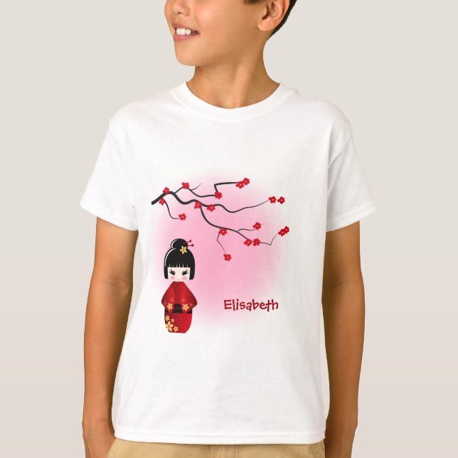 Japansk kokeshidocka på rosa sakura kända flickor tee shirt (Framsida)