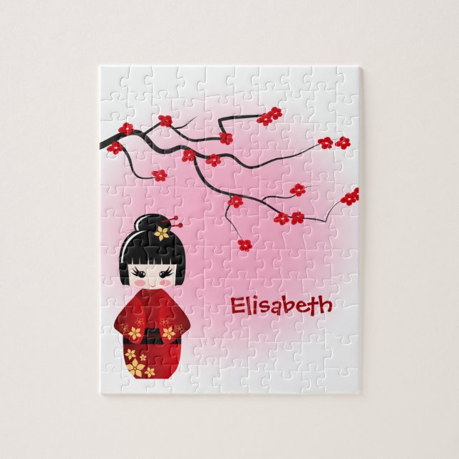 Japansk kokeshidocka på sakura blommar pussel (Vertikal)