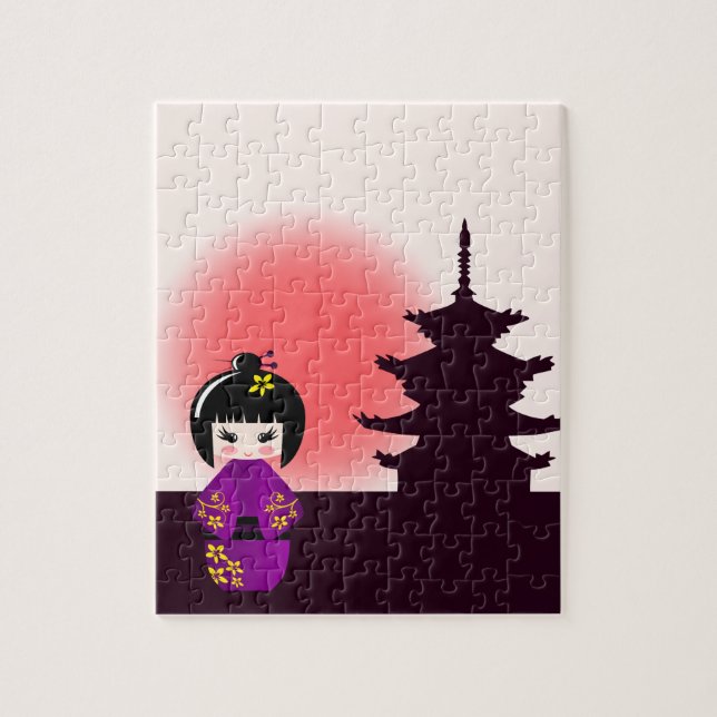 Japansk kokeshidocka på tempelet under solnedgång pussel (Vertikal)