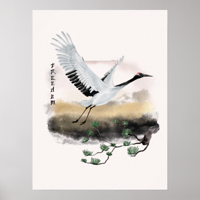 Japansk konst av Watercolor flygande Crane Gräs Fr Poster (Framsidan)