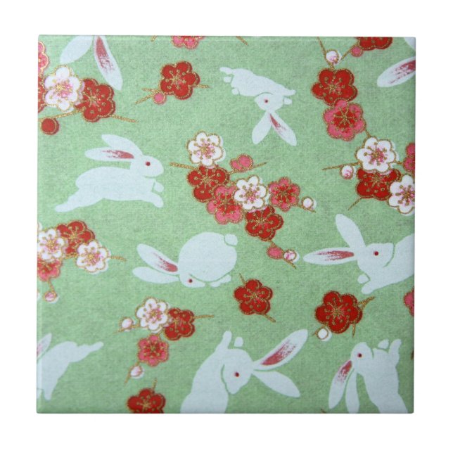 Japansk konst: Grönt Sakuras och kaninplattan Kakelplatta (Framsidan)