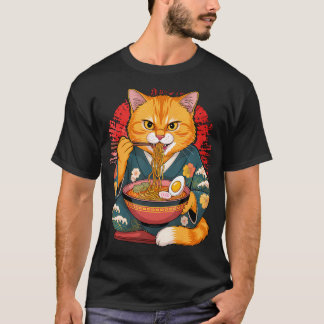 Japansk konst Ramen Katt Ninja Ukiyo-E Anime Stil T Shirt