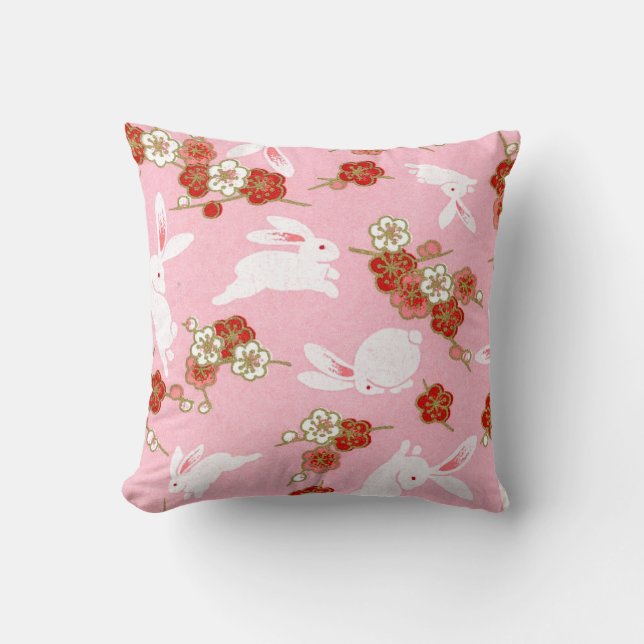 Japansk konst: Rosa Sakuras & Rabbits Dekorativ ku Kudde (Framsida)