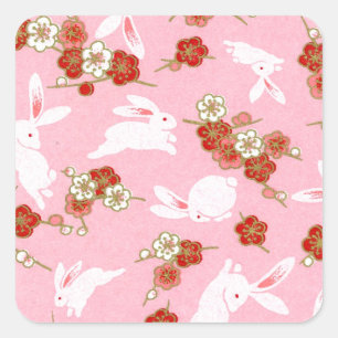Japansk konst: Rosa Sakuras & Rabbits Fyrkantigt Klistermärke