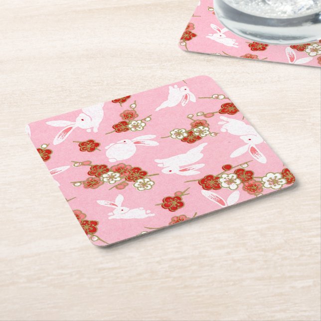 Japansk konst: Rosa Sakuras & Rabbits Underlägg Papper Kvadrat (Vinklad)