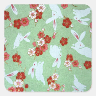 Japansk konst - Sakuras and Rabbits Square Sticker Fyrkantigt Klistermärke