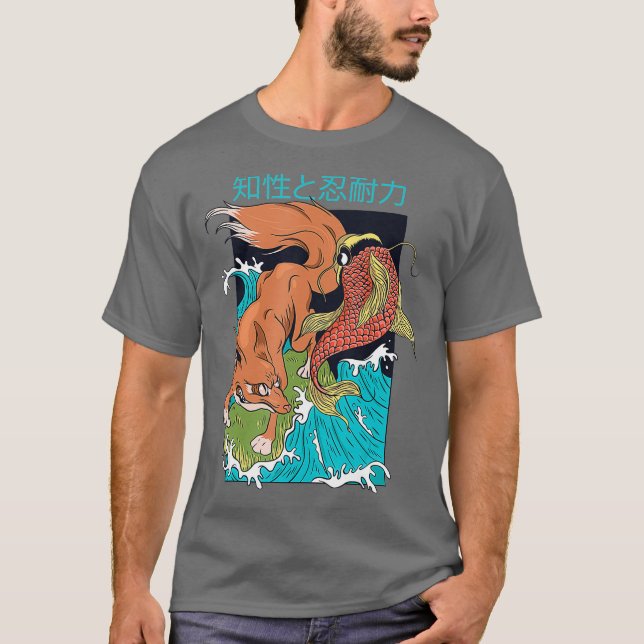 Japansk konst stil - räv- och koifisk t shirt (Framsida)