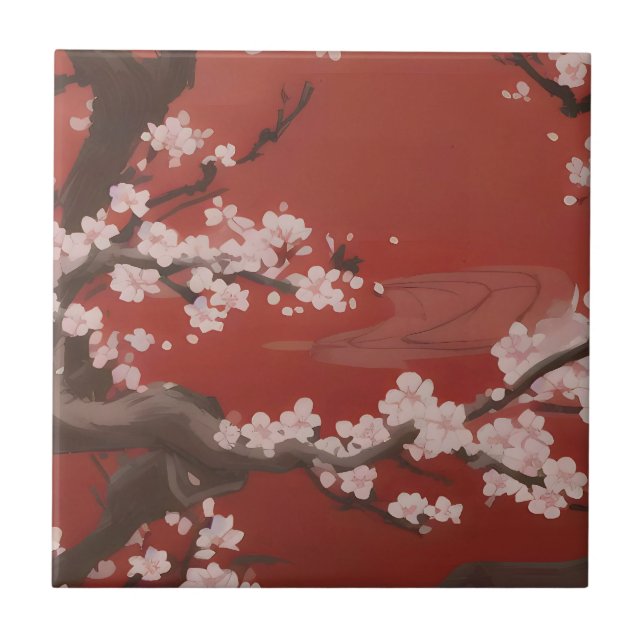  Japansk konststil Vit Körsbärsblomma Röd Kakelplatta (Framsidan)