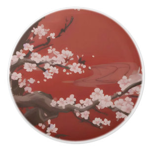 Japansk konststil Vit Körsbärsblomma Röd Knopp