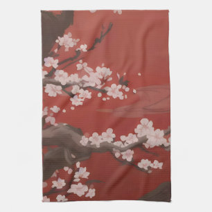 Japansk konststil Vit Körsbärsblomma Röd Kökshandduk