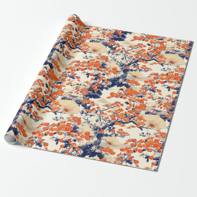 Japansk Körsbärsblomfansmönster (2) Presentpapper (Utrullad)
