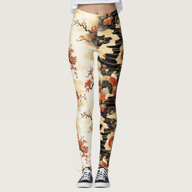 Japansk Körsbärsblomfansmönster (3) Leggings (Framsida)