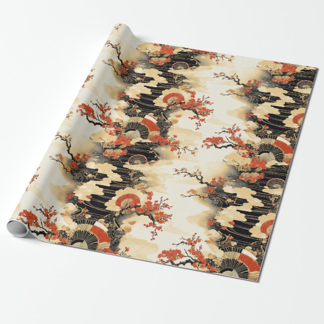 Japansk Körsbärsblomfansmönster (3) Presentpapper (Utrullad)