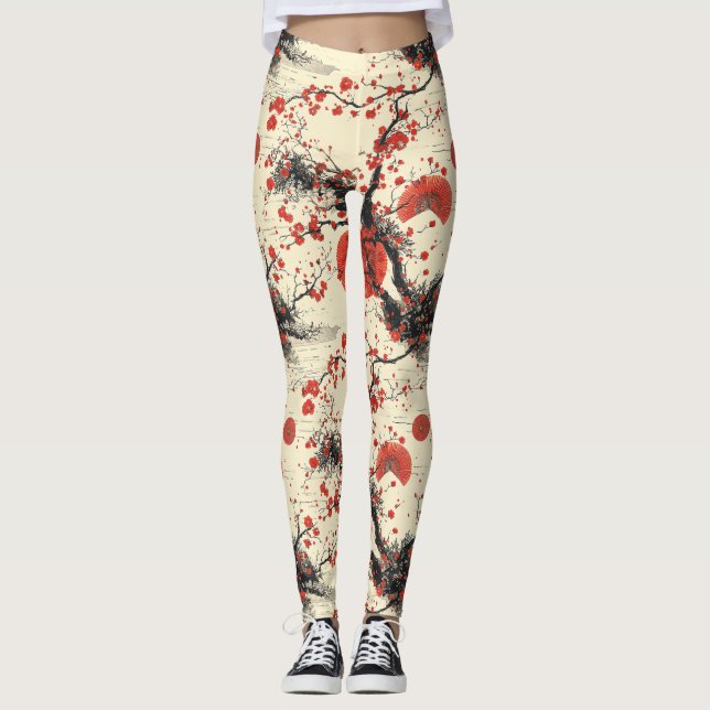 Japansk Körsbärsblomfansmönster (4) Leggings (Framsida)