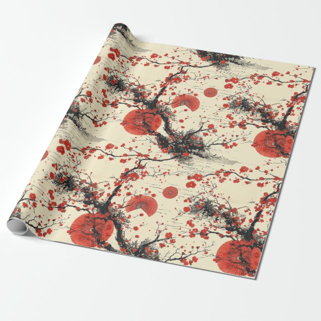 Japansk Körsbärsblomfansmönster (4) Presentpapper (Utrullad)