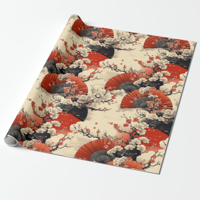 Japansk Körsbärsblomfansmönster (5) Presentpapper (Utrullad)