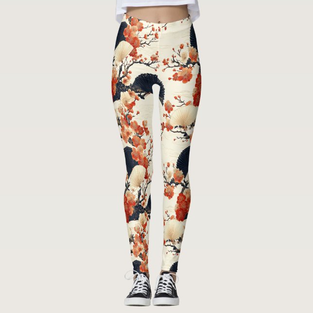 Japansk Körsbärsblomfansmönster (6) Leggings (Framsida)