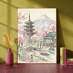 Japansk Körsbärsblomning Mount Fuji Akvarell Lands Poster