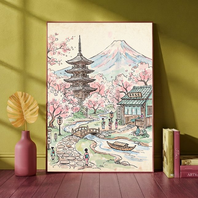 Japansk Körsbärsblomning Mount Fuji Akvarell Lands Poster (Skapare uppladdad)