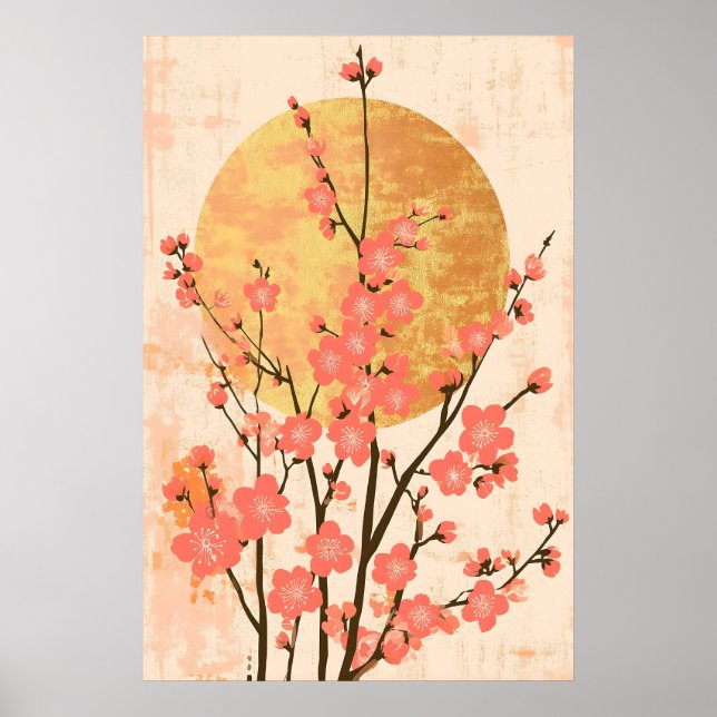 Japansk Körsbärsblomsterkonsttryck Guld Uppgående  Poster (Framsidan)
