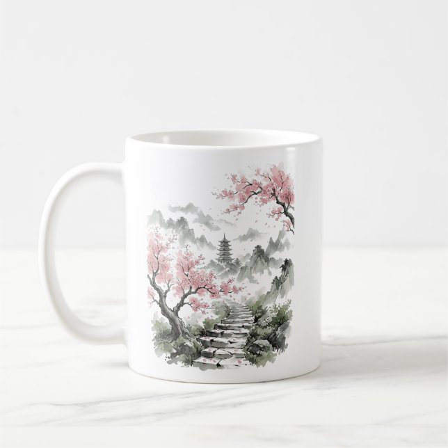 Japansk Körsbärsblomsterpagod Vattenfärg Kaffemugg (Vänster)