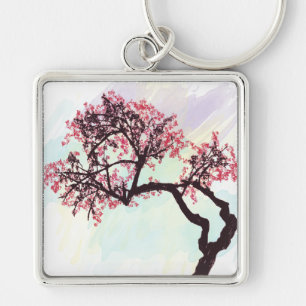 Japansk körsbärsröd trädblommar Keychain Fyrkantig Silverfärgad Nyckelring