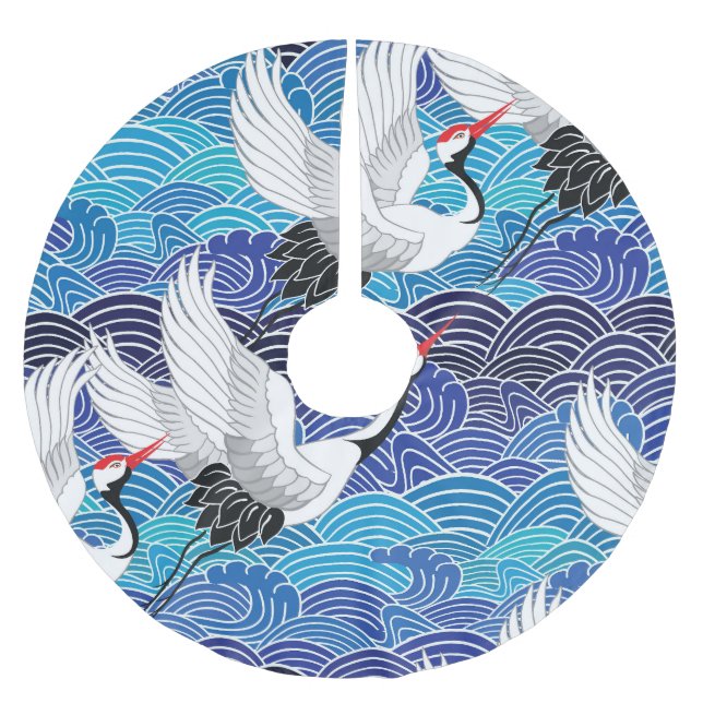 Japansk kran: Ornate Bird Mönster. Julgransmatta Borstad Polyester (Framsidan)