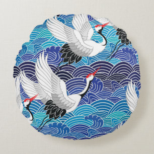 Japansk kran: Ornate Bird Mönster. Rund Kudde