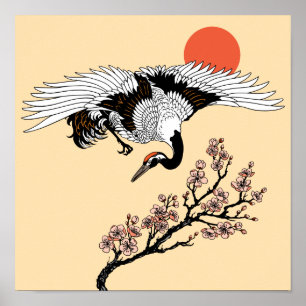 Japansk kranfågel och blåssäd poster