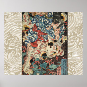 JAPANSK KRIGARE DÖDAR EN MONSTRUÖS KATT Ukiyoe Poster