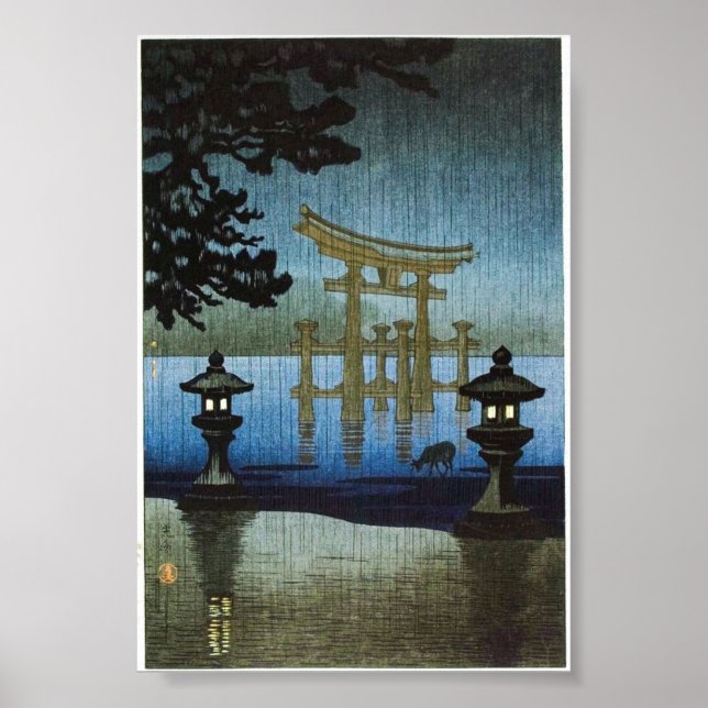 Japansk kvällsrain Art Woodblock Ukiyo-E Poster (Framsidan)