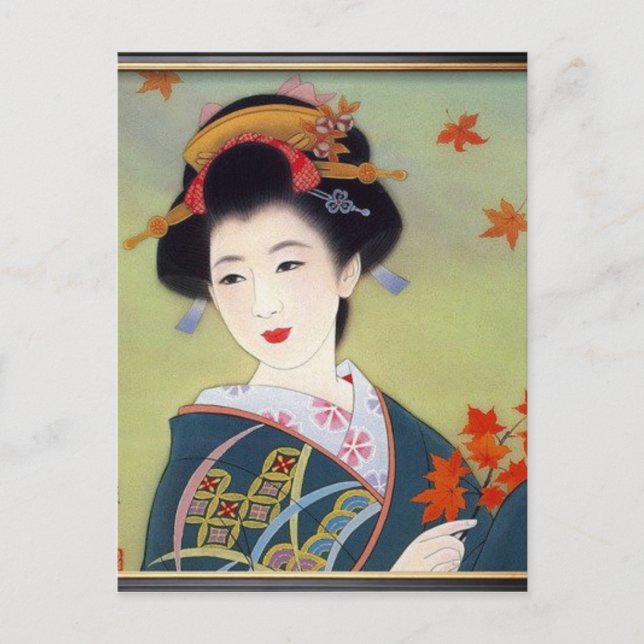 Japansk kvinna i blå kimono vykort (Framsida)