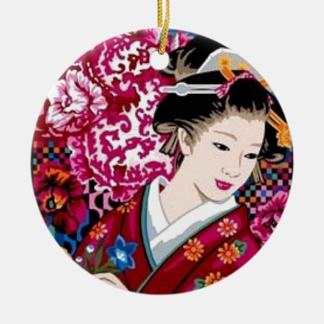 Japansk kvinna i Kimono Julgransprydnad Keramik (Framsidan)