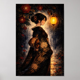 Japansk kvinna i kimono med lykta natt regn konst poster