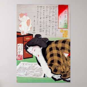 Japansk kvinna med Kat, Tsukioka Yoshitoshi Poster