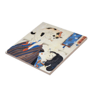 Japansk kvinna med katten, Utagawa Kuniyoshi Kakelplatta