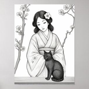 Japansk kvinna med svart katt poster