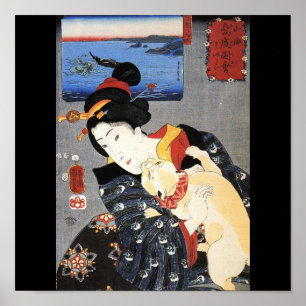 Japansk kvinna och en katt, C. 1800's Japan Poster