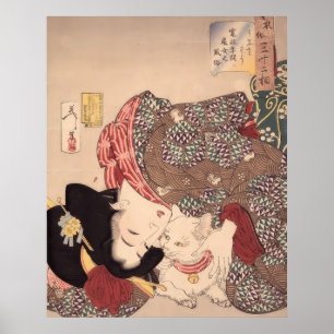Japansk kvinna och katt konst offentlig 1839-1892) poster