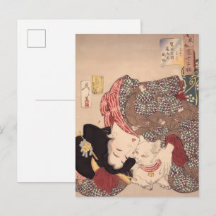 Japansk kvinna och kattkonst public (1839-1892) vykort