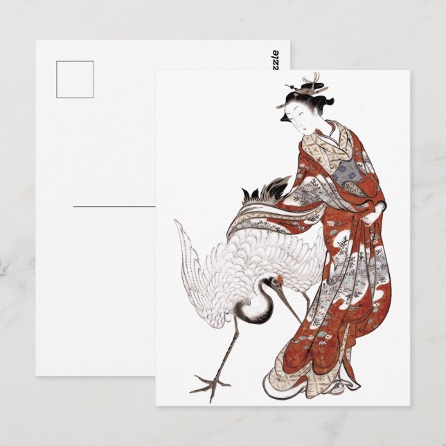 Japansk kvinna och kran (1800-talet) vykort (Fram/baksida)