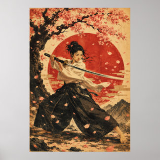 Japansk kvinna röd sol porträttaffisch Poster