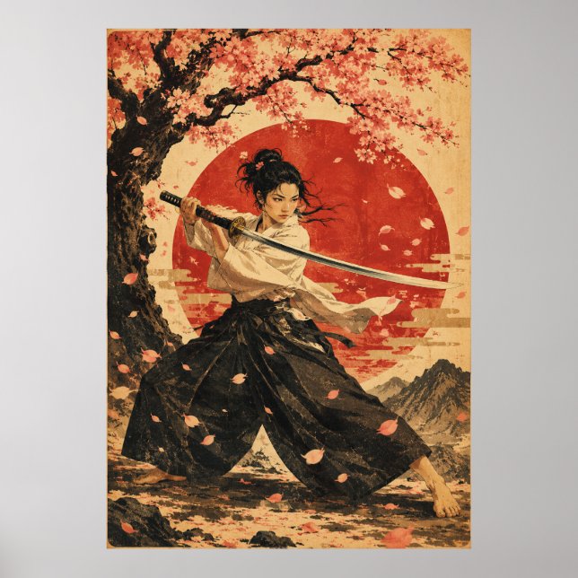  Japansk kvinna röd sol porträttaffisch  Poster (Framsidan)