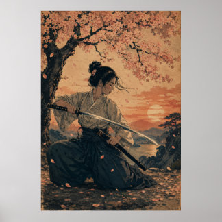 Japansk kvinna röd sol porträttaffisch Poster