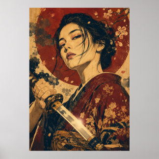 Japansk kvinna röd sol porträttaffisch Poster