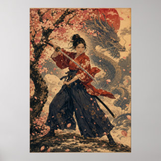 Japansk kvinna röd sol porträttaffisch Poster